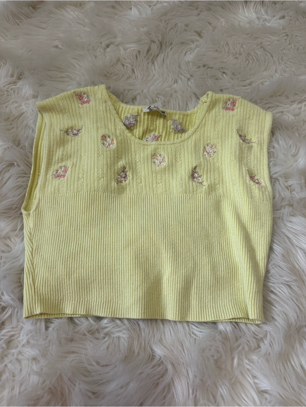 Free People Pastel Yellow Ribbed Crop Tank with Floral Embroidery